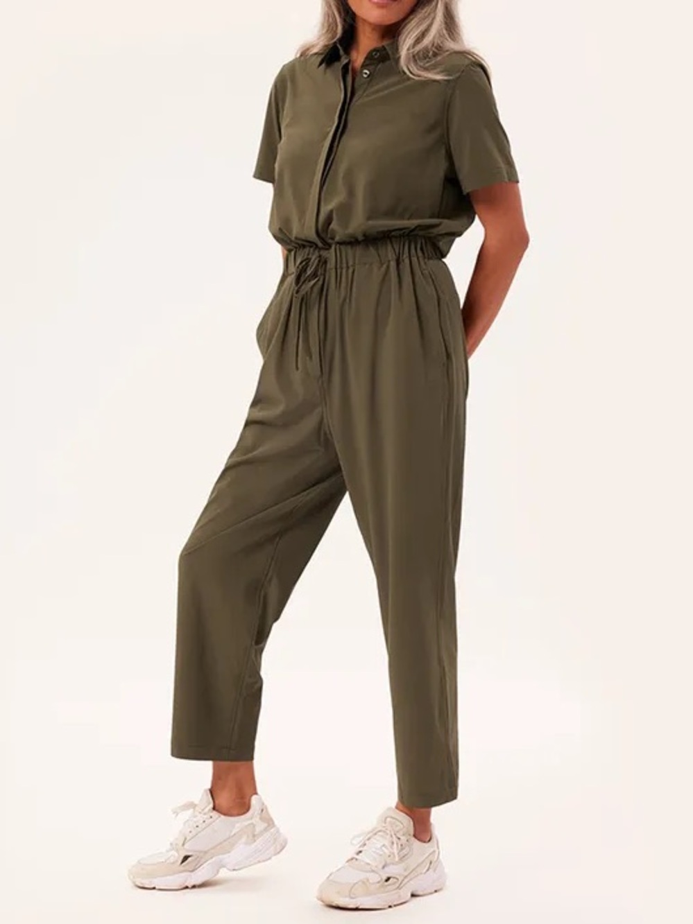 Girlfriend Collective Short Sleeve Button Stretch Woven Jumpsuit Olive Medium